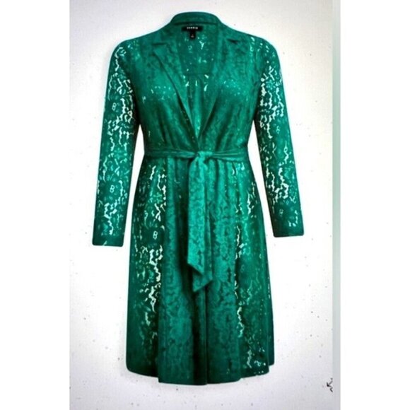 Torrid Lace Over Coat 2X Trench Green Tie Closed - Picture 1 of 8